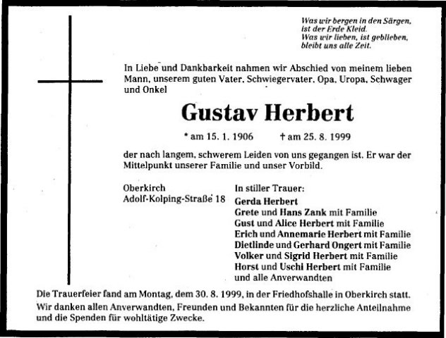 Herbert Gustav 1906-1999 Todesanzeige